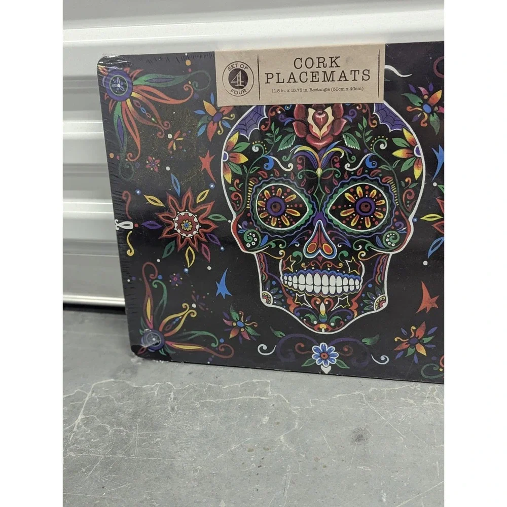 Day of the Dead Sugar Skull Cork Placemats Set of 4 Halloween Goth NIP